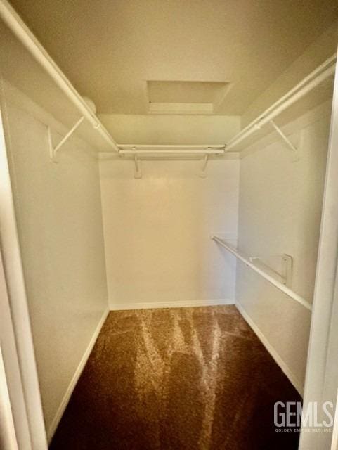 spacious closet with carpet flooring and attic access