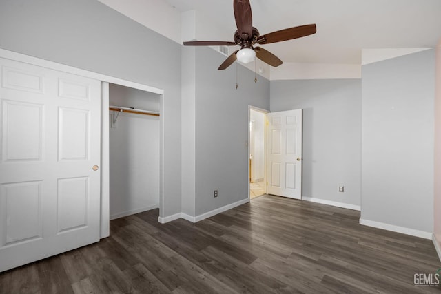 5414 Tyner Ln, Bakersfield, CA 93307 - unfurnished bedroom with dark wood-type flooring, baseboards, a closet, ceiling fan, and high vaulted ceiling