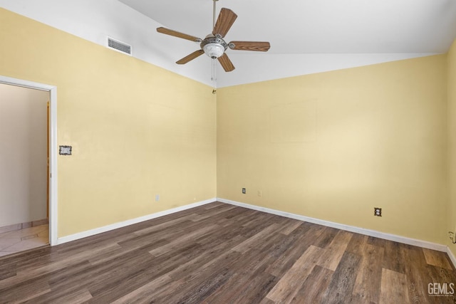 5414 Tyner Ln, Bakersfield, CA 93307 - spare room featuring ceiling fan, wood finished floors, baseboards, and vaulted ceiling