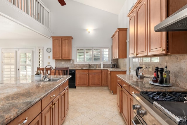 kitchen with high end stainless steel range, sink, stone countertops, high vaulted ceiling, and exhaust hood