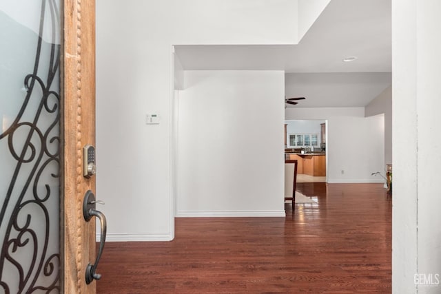 foyer featuring dark hardwood / wood-style flooring, sink, and ceiling fan