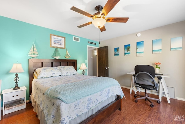 bedroom with hardwood / wood-style floors and ceiling fan