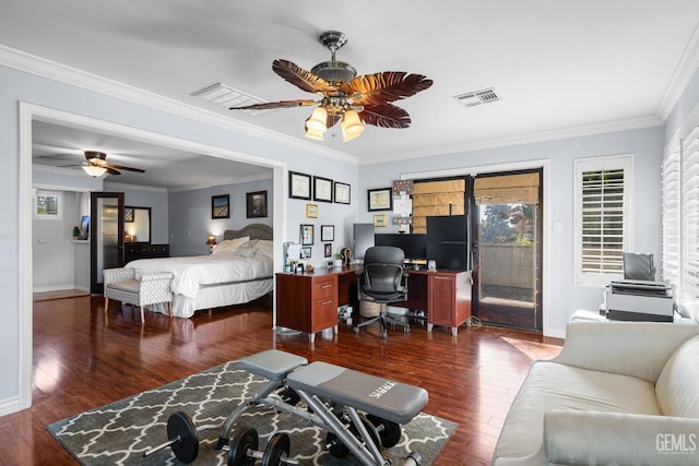 bedroom with access to exterior, ceiling fan, dark hardwood / wood-style flooring, and crown molding