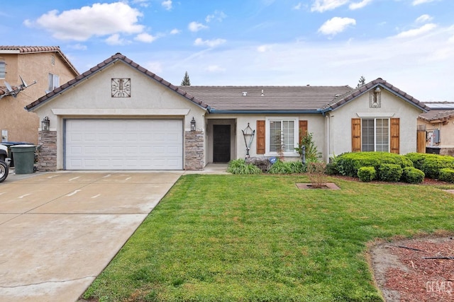 ranch-style home with a garage and a front lawn