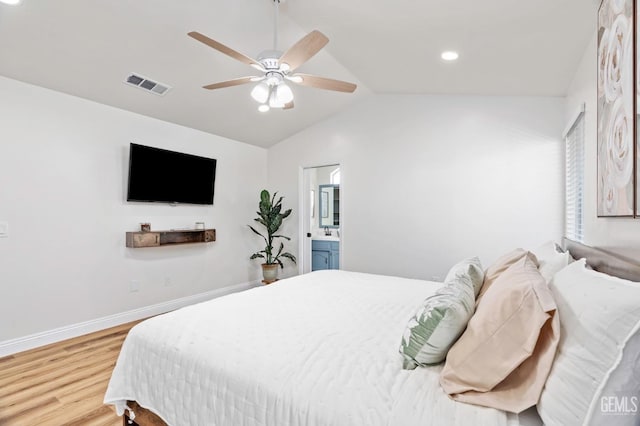 11106 Mohican Dr, Bakersfield, CA 93312 - bedroom featuring visible vents, vaulted ceiling, wood finished floors, baseboards, and recessed lighting