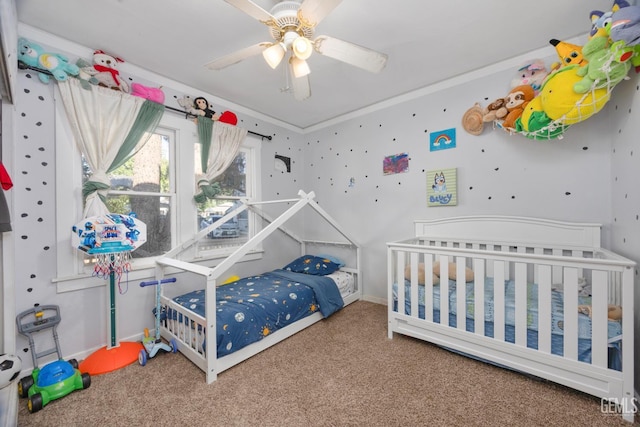 339 Ray St, Bakersfield, CA 93308 - bedroom with carpet flooring, ornamental molding, and a ceiling fan