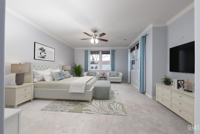 2624 Oakley St, Bakersfield, CA 93311 - bedroom featuring light colored carpet, ornamental molding, a ceiling fan, and baseboards