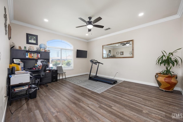 3404 Medallion Rose Ave, Bakersfield, CA 93313 - office area with ceiling fan, baseboards, wood finished floors, crown molding, and recessed lighting