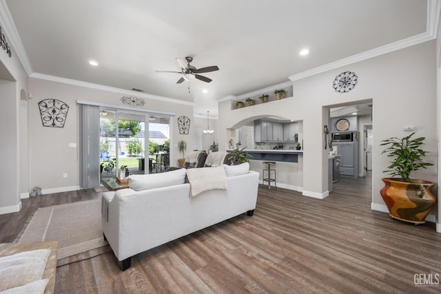 3404 Medallion Rose Ave, Bakersfield, CA 93313 - living room with ceiling fan, wood finished floors, baseboards, ornamental molding, and recessed lighting