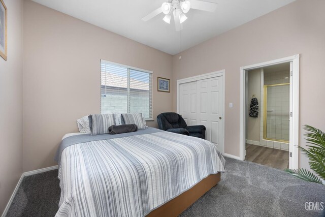 3404 Medallion Rose Ave, Bakersfield, CA 93313 - carpeted bedroom featuring baseboards, a closet, ceiling fan, and ensuite bath