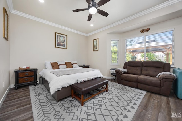 3404 Medallion Rose Ave, Bakersfield, CA 93313 - bedroom featuring crown molding, baseboards, recessed lighting, wood finished floors, and ceiling fan