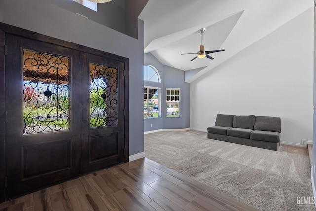 14609 Orchard Crest Ave, Bakersfield, CA 93314 - foyer featuring french doors, high vaulted ceiling, dark wood-style flooring, and ceiling fan