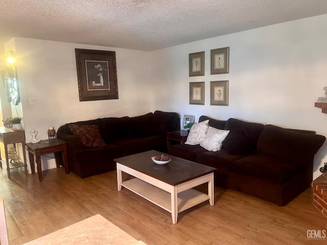 living room featuring a textured ceiling and light wood-type flooring