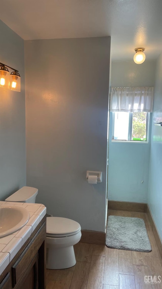 bathroom featuring vanity, hardwood / wood-style flooring, and toilet