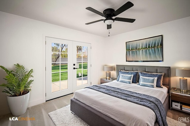 bedroom with access to exterior, french doors, carpet floors, and ceiling fan