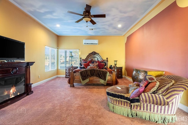 9446 E Kern River Ave, Bakersfield, CA 93308 - carpeted bedroom with a wall mounted AC, a glass covered fireplace, recessed lighting, and ornamental molding