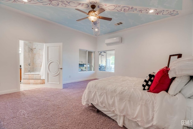 9446 E Kern River Ave, Bakersfield, CA 93308 - bedroom featuring a wall unit AC, carpet floors, a ceiling fan, and connected bathroom
