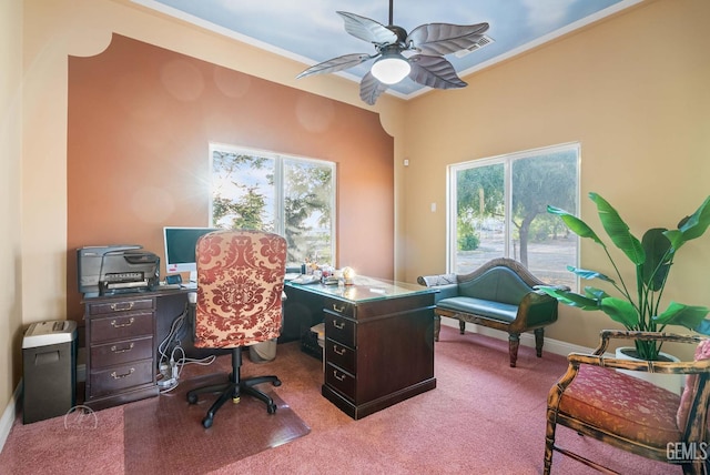 9446 E Kern River Ave, Bakersfield, CA 93308 - carpeted home office featuring a ceiling fan and ornamental molding