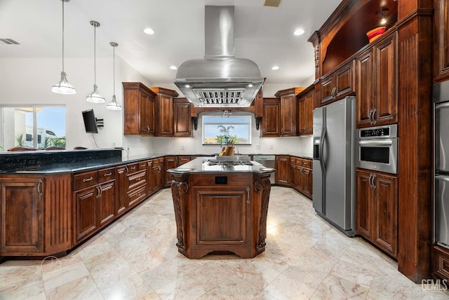 9446 E Kern River Ave, Bakersfield, CA 93308 - kitchen featuring appliances with stainless steel finishes, island exhaust hood, plenty of natural light, dark countertops, and recessed lighting