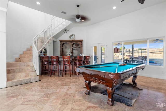 9446 E Kern River Ave, Bakersfield, CA 93308 - game room featuring a ceiling fan, pool table, a high ceiling, a dry bar, and recessed lighting