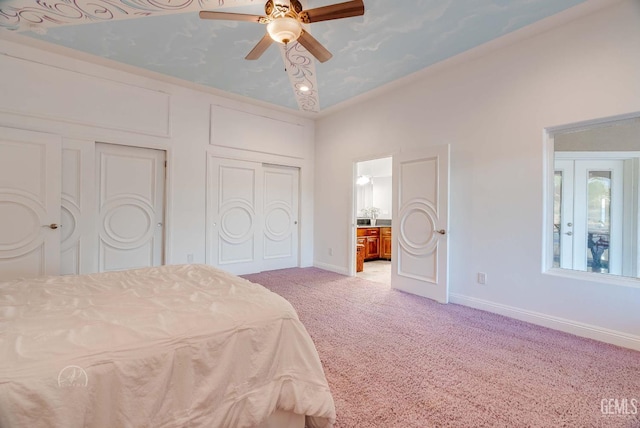 9446 E Kern River Ave, Bakersfield, CA 93308 - bedroom featuring light carpet, connected bathroom, and ceiling fan
