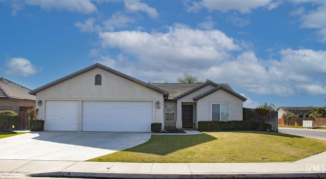 ranch-style home featuring a garage and a front lawn