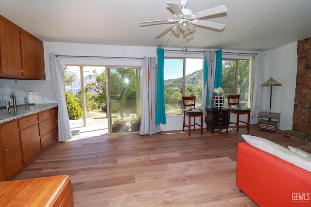 interior space featuring light hardwood / wood-style flooring and ceiling fan