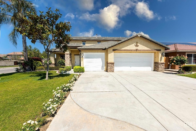 view of front of house with stucco siding, concrete driveway, a garage, stone siding, and a front lawn