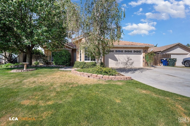 6307 San Rogue Ct, Bakersfield, CA 93312 - view of front of home featuring a garage, driveway, a tiled roof, and stucco siding