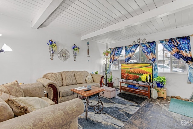 living room featuring beam ceiling