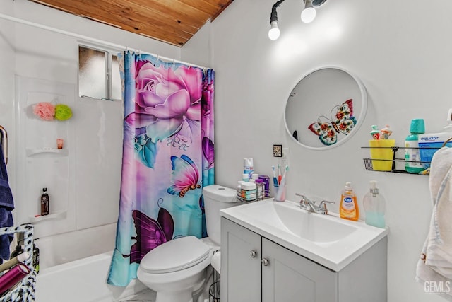 full bathroom featuring vanity, toilet, wood ceiling, and shower / tub combo