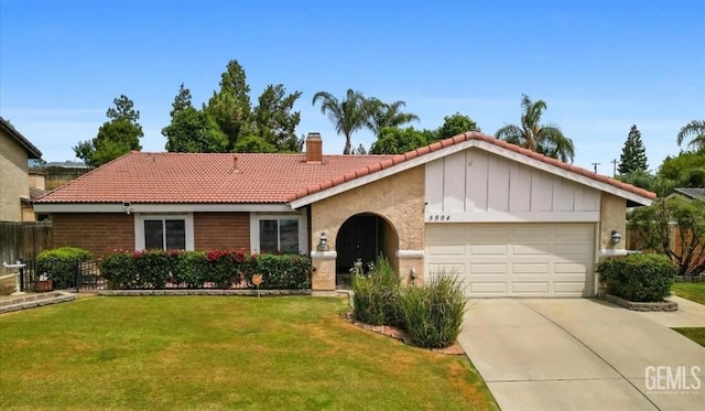 5904 Medio Luna Ave, Bakersfield, CA 93306 - ranch-style house with a tiled roof, a chimney, a garage, concrete driveway, and stucco siding