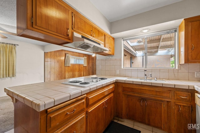 kitchen featuring brown cabinetry, tasteful backsplash, white electric stovetop, a peninsula, and under cabinet range hood