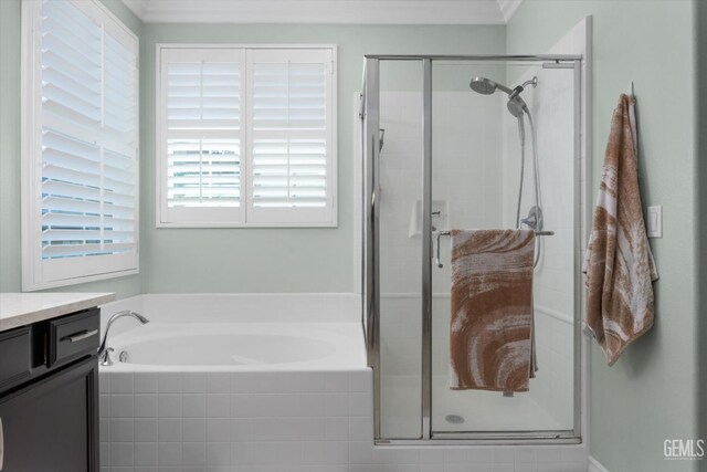 28537 Vista Del Rio Dr, Valencia, CA 91354 - bathroom featuring a garden tub, vanity, a shower stall, and crown molding