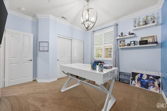 28537 Vista Del Rio Dr, Valencia, CA 91354 - carpeted office with a chandelier and crown molding