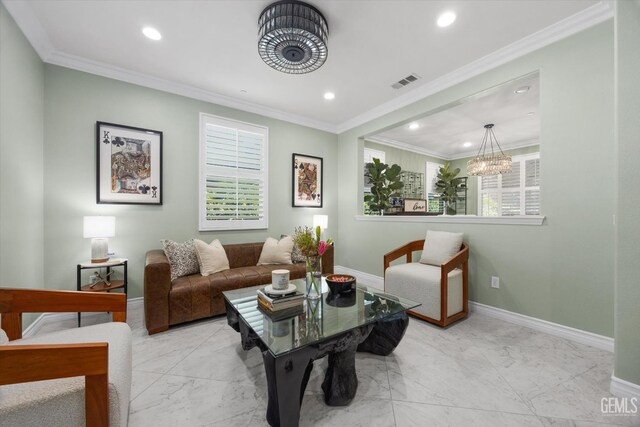 28537 Vista Del Rio Dr, Valencia, CA 91354 - living room with marble look tiles, recessed lighting, a chandelier, and crown molding
