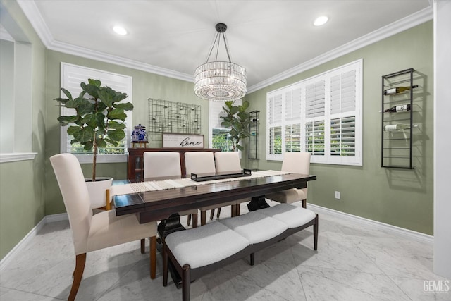 28537 Vista Del Rio Dr, Valencia, CA 91354 - dining room featuring a chandelier, ornamental molding, and recessed lighting