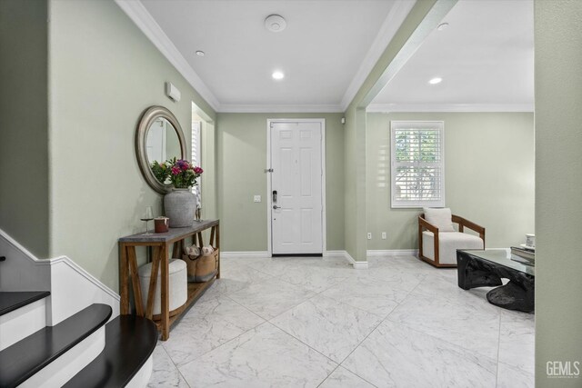 28537 Vista Del Rio Dr, Valencia, CA 91354 - foyer entrance featuring ornamental molding, marble finish flooring, and recessed lighting