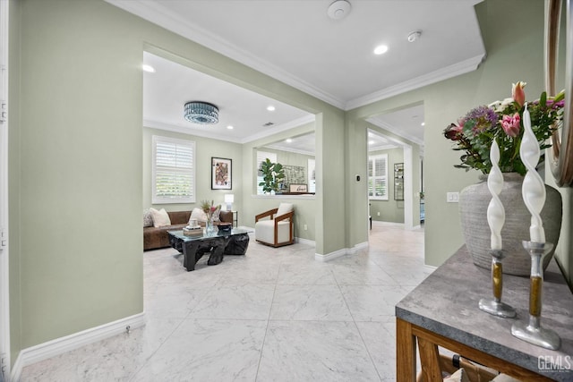 28537 Vista Del Rio Dr, Valencia, CA 91354 - living area featuring crown molding, light marble finish flooring, and recessed lighting