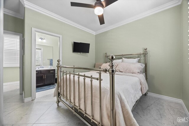 28537 Vista Del Rio Dr, Valencia, CA 91354 - bedroom featuring ornamental molding, ensuite bathroom, and ceiling fan