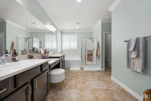 28537 Vista Del Rio Dr, Valencia, CA 91354 - full bath featuring a stall shower, vanity, a bath, and crown molding