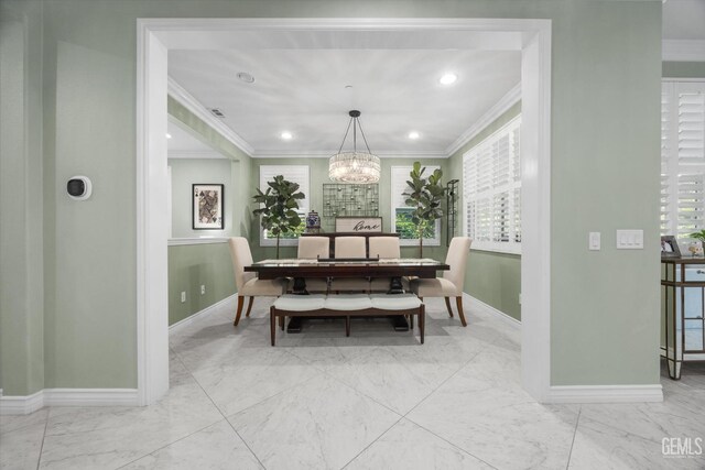 28537 Vista Del Rio Dr, Valencia, CA 91354 - dining area featuring light marble finish flooring, ornamental molding, a chandelier, and recessed lighting