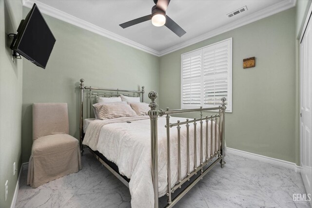 28537 Vista Del Rio Dr, Valencia, CA 91354 - bedroom with marble finish floors, ornamental molding, and ceiling fan