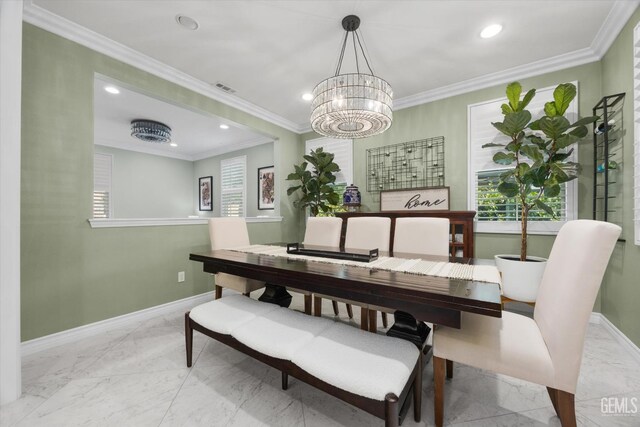 28537 Vista Del Rio Dr, Valencia, CA 91354 - dining area featuring marble finish floors, plenty of natural light, recessed lighting, a chandelier, and ornamental molding