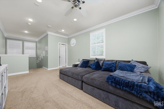 28537 Vista Del Rio Dr, Valencia, CA 91354 - living room with crown molding, light carpet, recessed lighting, and a ceiling fan