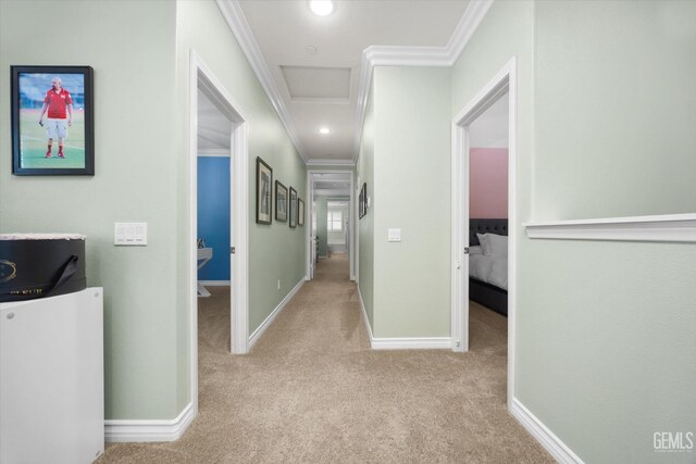 28537 Vista Del Rio Dr, Valencia, CA 91354 - hallway with crown molding, carpet floors, and attic access