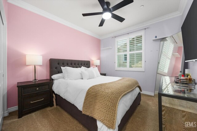 28537 Vista Del Rio Dr, Valencia, CA 91354 - bedroom featuring carpet, crown molding, and a ceiling fan