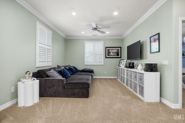 28537 Vista Del Rio Dr, Valencia, CA 91354 - living area featuring carpet floors, ceiling fan, crown molding, and recessed lighting