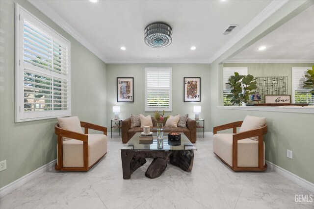 28537 Vista Del Rio Dr, Valencia, CA 91354 - living room with recessed lighting, crown molding, and marble finish floors