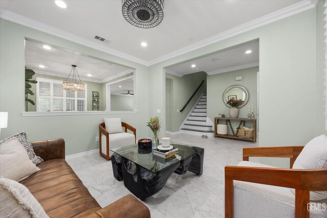 28537 Vista Del Rio Dr, Valencia, CA 91354 - living room featuring marble look tiles, recessed lighting, stairway, and ornamental molding
